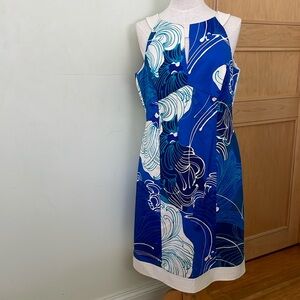 Jones New York Shades Of Blues Abstract Floral Pattern Sleeveless Dress, Size 14